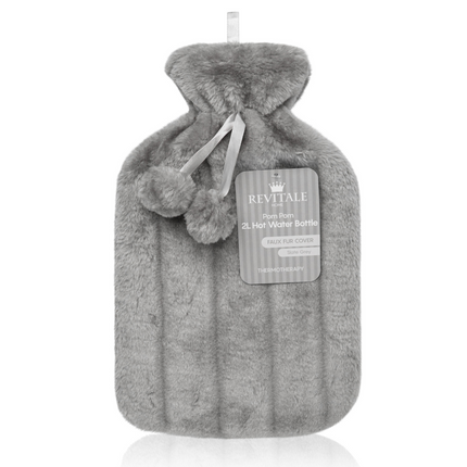 Revitale Natural Rubber Hot Water Bottle with Cosy Fur Pom Pom Cover - 2 Litre