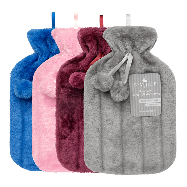 Revitale Natural Rubber Hot Water Bottle with Cosy Fur Pom Pom Cover - 2 Litre