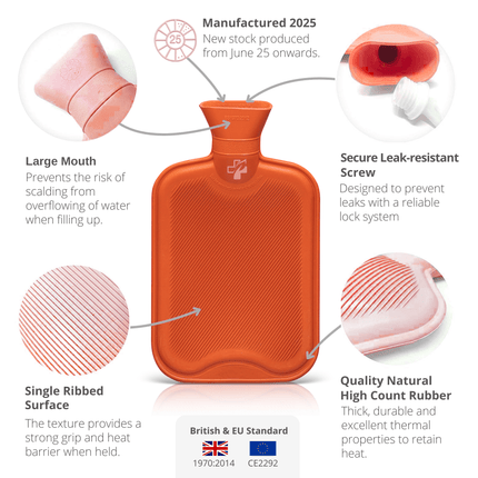 Large Hot Water Bottle - Natural Rubber Warmer - 2L litre - General Healthcare